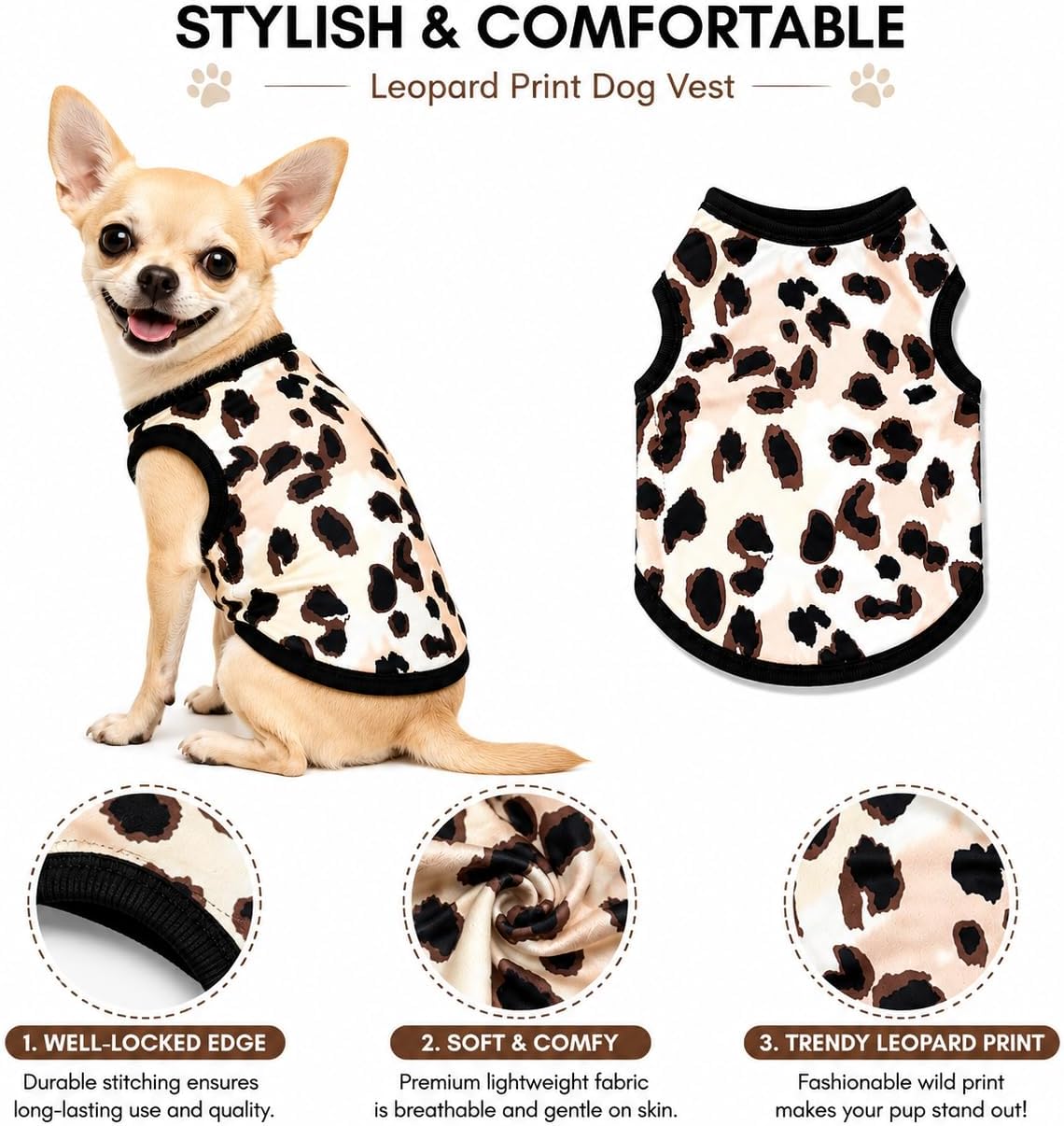 Leopard Cheetah Print Dog Shirts, Breathable Sleeveless Puppy Clothes for Small Medium Dogs & Cats, Soft Stretchy Lightweight Pet T-Shirts Dog Apparel XS